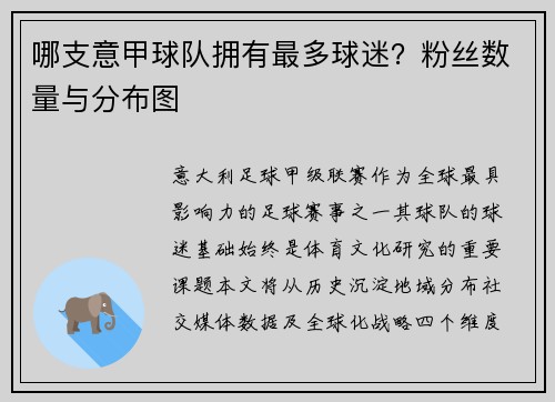 哪支意甲球队拥有最多球迷？粉丝数量与分布图